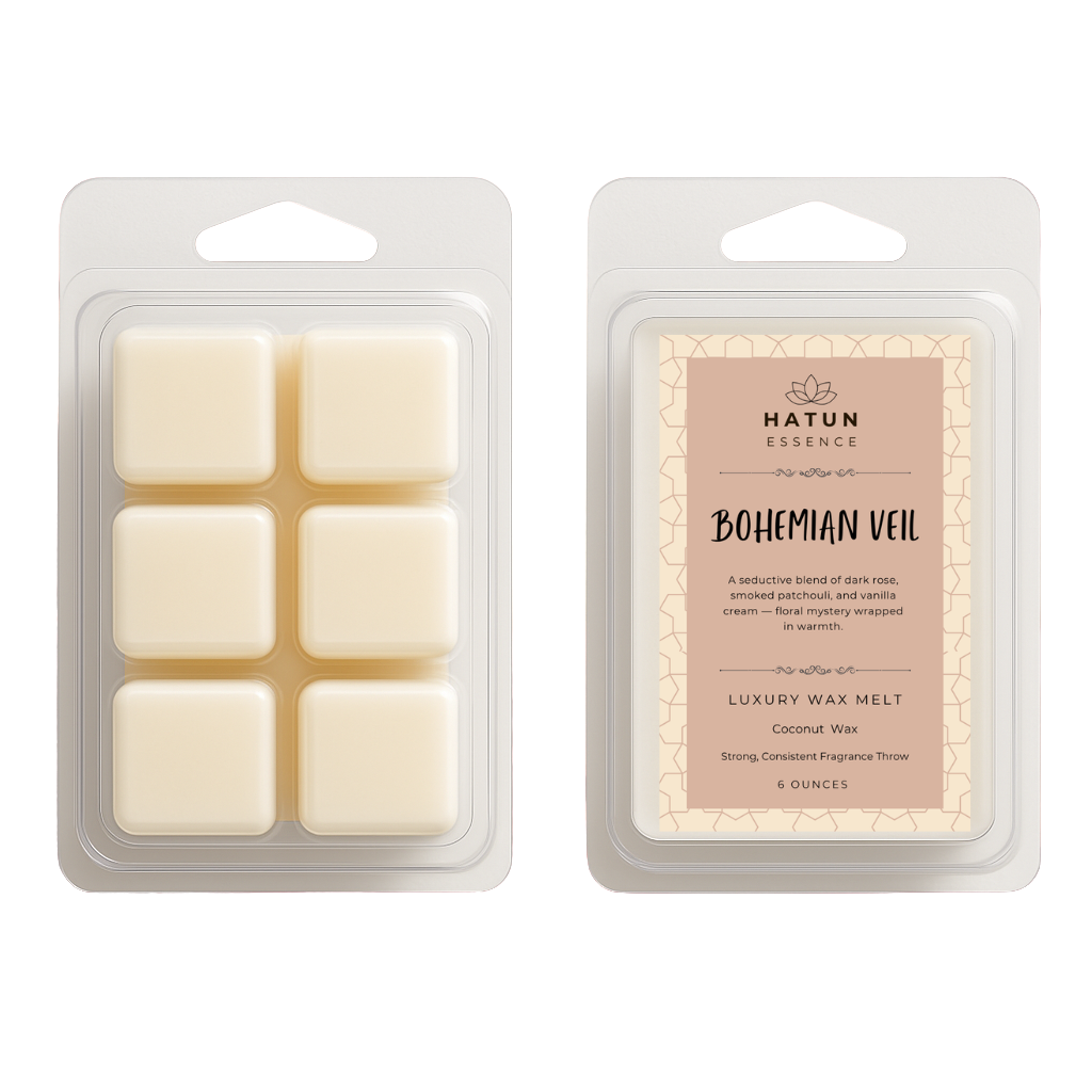 Bohemian Veil Wax Melts – Dark Rose, Smoked Patchouli & Vanilla Cream | 6oz Coconut Wax Clamshell | Romantic & Earthy Scent