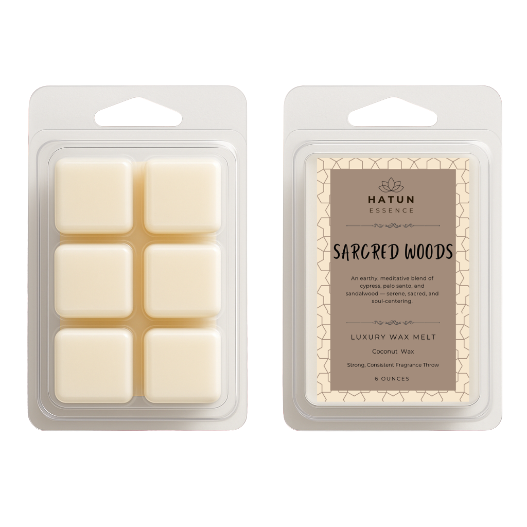 Sacred Woods Wax Melts – Cypress, Palo Santo & Sandalwood | 6oz Coconut Wax Clamshell | Earthy & Meditative Scent